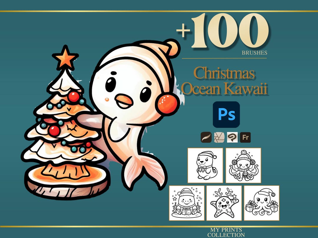 Ocean Kawaii Christmas Photoshop Brushes & Procreate Stamps – 100+ Bold ...