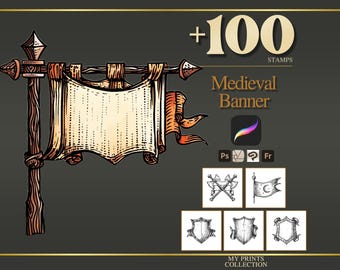 Banner Medieval Procreate Stamps & Photoshop Brushes – 100+ Woodcut Tattoo, Digital Art, Clipart, Line Art, Brush Pack