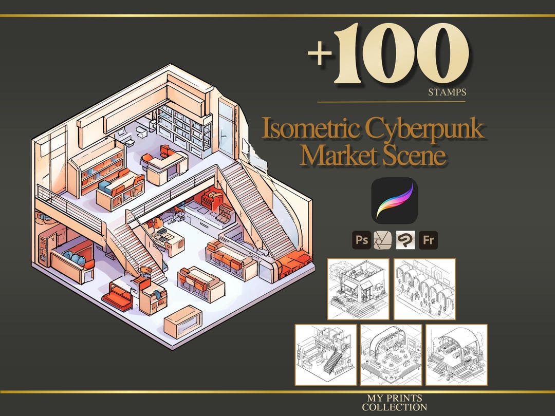 Isometric Cyberpunk Market Scene Procreate Stamps & Photoshop Brushes ...