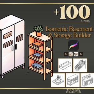 Op de afbeelding: Isometric Basement & Storage Builder-afbeelding met een witte kast, houten planken met boeken en potplanten. De afbeelding bevat de tekst "+100 STAMPS" en "Isometric Basement & Storage Builder".