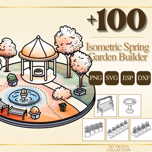 Op de afbeelding: Een geïllustreerde isometrische tuinscene met een prieel, fontein, banken en bomen. De afbeelding bevat de tekst "+100 Isometric Spring Garden Builder" en bestandstype-pictogrammen voor PNG, SVG, ESP en DXF.