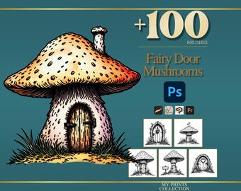 Fairy Door Mushrooms Photoshop Brushes & Procreate Stamps, 100+ Enchanted Stamps, Cottagecore Magic Digital Download