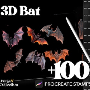 May include: A digital illustration of a collection of 3D bat stamps for Procreate. The image shows 14 different bat designs in various poses and colors. The text "3D Bat +100 Procreate Stamps" is displayed on the image.