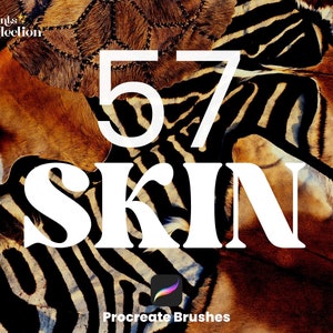 Puede incluir: Primer plano de un conjunto de 57 pinceles Procreate para arte digital, que presenta una variedad de tonos de piel. Los pinceles se muestran sobre un fondo de tela de estampado animal.