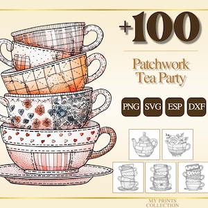 Tea Party Patchwork PNG Bundle - 100+ Fashion Quilt Texture, Cricut & Silhouette Dateien, SVG, DXF, Eps - Line Art, Schablone, Digital Craft