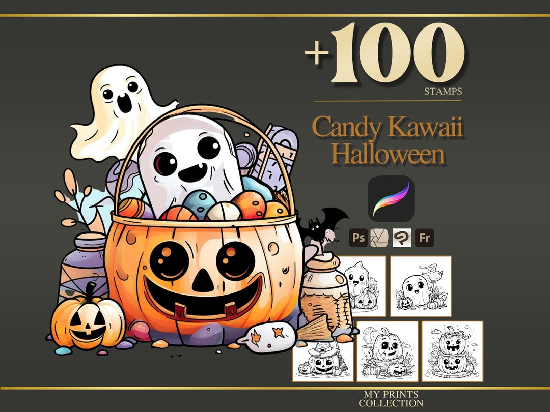 Candy Kawaii Halloween Procreate Stamps & Photoshop Brushes – 100 ...