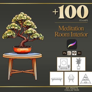 Könnte beinhalten: Eine digitale Illustration eines Bonsai-Baums in einem orangefarbenen Topf auf einem Holztisch, begleitet von dem Text +100 STAMPS Meditation Room Interior, Software-Symbolen und fünf kleinen Strichzeichnungs-Quadraten mit Möbeln und Dekor.