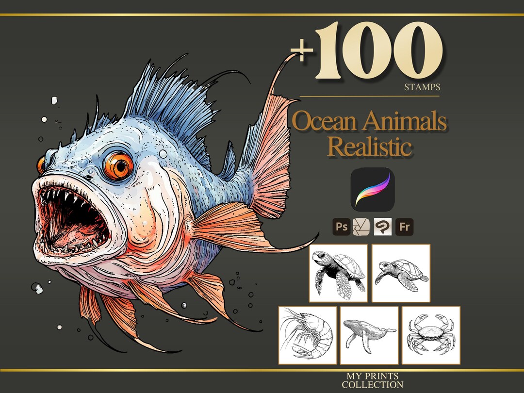 Ocean Realistic Animal Procreate Stamps & Photoshop Brushes – 100 ...