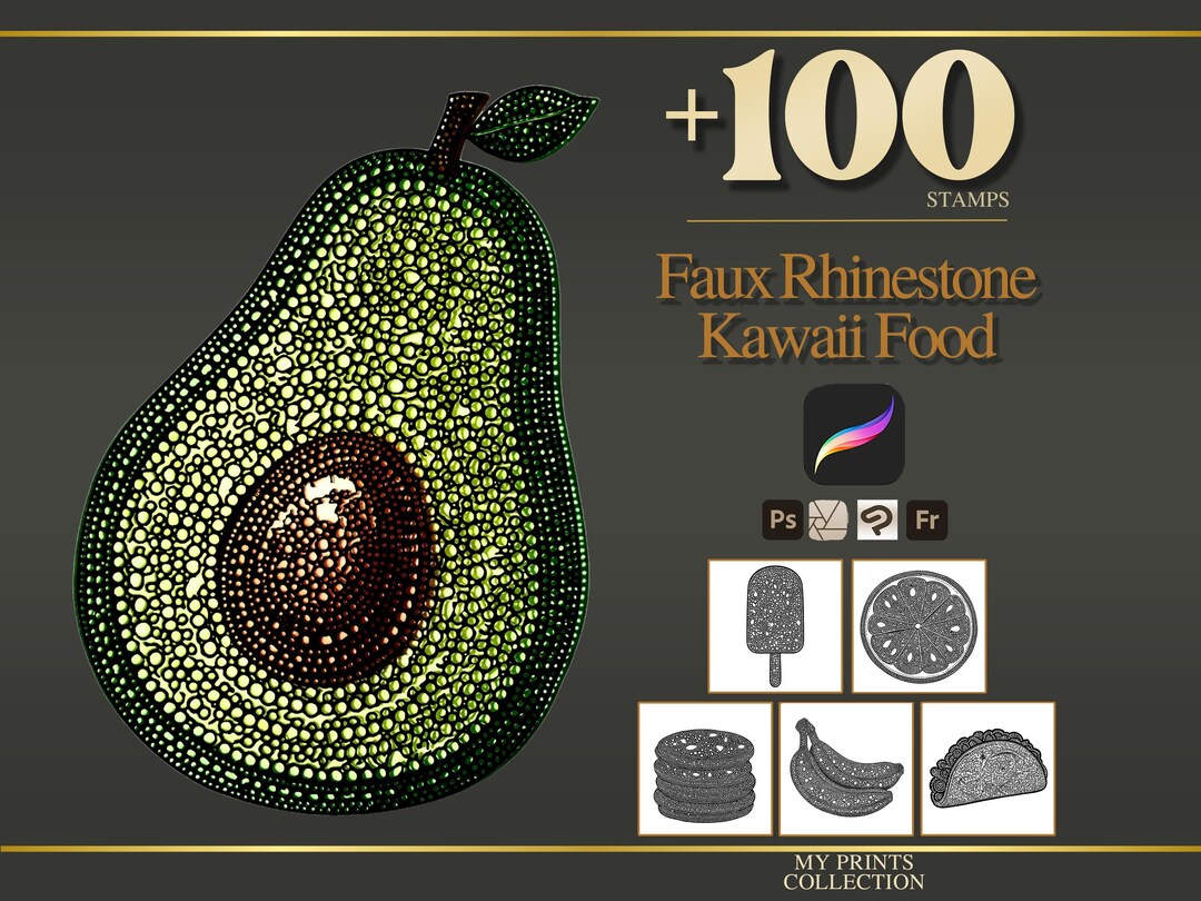 Faux Rhinestone Kawaii Food Procreate Stamps & Photoshop Brushes – 100 ...