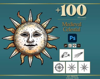 Celestial Medieval Photoshop Brushes & Procreate Stamps – 100+ Woodcut Tattoo, Digital Art, Clipart, Line Art, Stencil