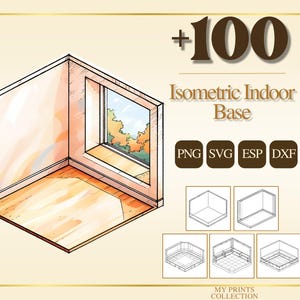 Puede incluir: Ilustración isométrica de una base interior con una ventana con vista a árboles. La imagen incluye el texto "+100" e "Isometric Indoor Base". Iconos de tipo de archivo: PNG, SVG, ESP y DXF. Se muestran ilustraciones de base adicionales.