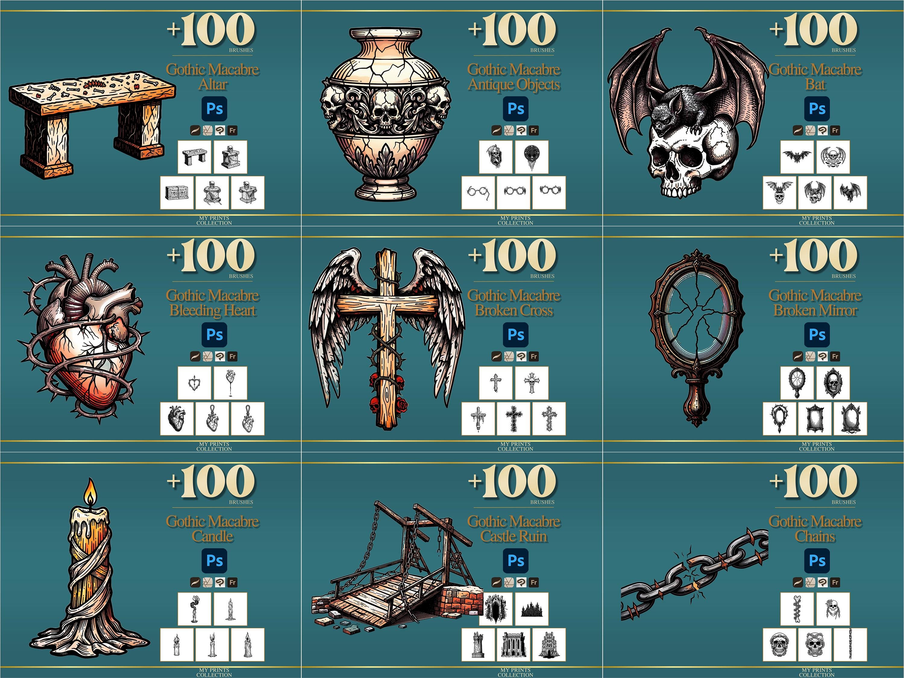 Gothic Macabre Photoshop Brushes & Procreate Stamps Collection – 4,800 ...