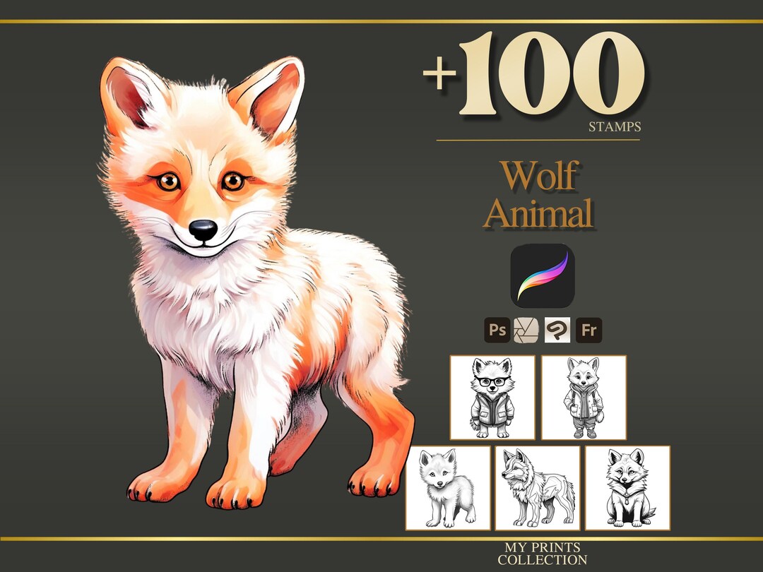 Wolf Procreate Stamps & Photoshop Brushes – 100+ Realistic Animal Pet ...
