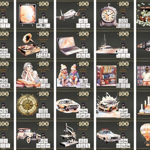 Peut inclure: Ensemble de cartes illustr&eacute;es pr&eacute;sentant divers objets et sc&egrave;nes, notamment une cl&eacute;, une t&eacute;l&eacute;vision vintage, un avion, une horloge, une moto, un gramophone, un ordinateur portable, un yacht, un train, une machine &agrave; &eacute;crire, une femme lisant, des enfants lisant, une biblioth&egrave;que, une pile de livres, une boussole, une voiture, une voiture en feu, un accident de voiture, un attrape-r&ecirc;ves, une voiture vintage, un microscope, une voiture de police et une montgolfi&egrave;re.