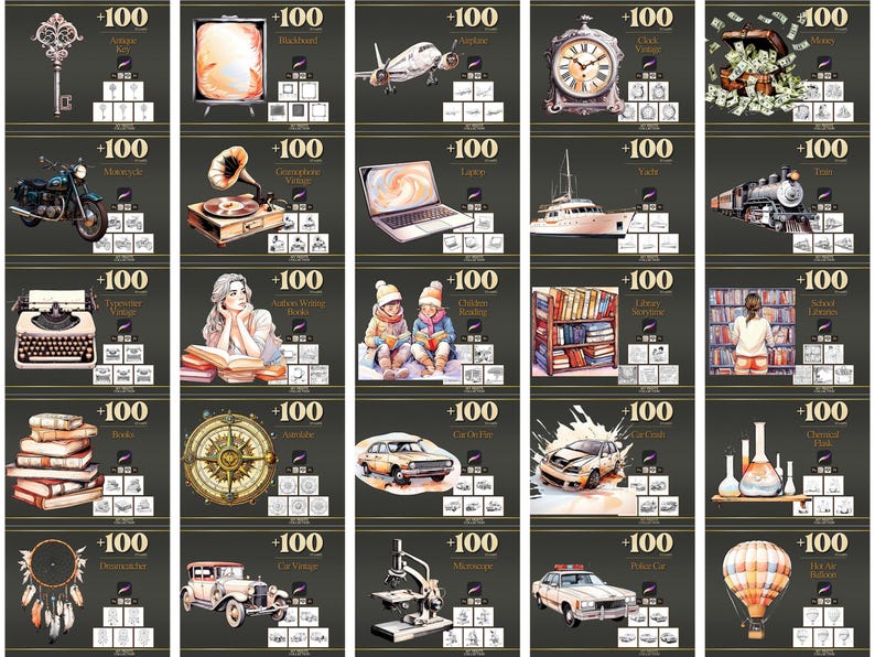 Peut inclure: Ensemble de cartes illustr&eacute;es pr&eacute;sentant divers objets et sc&egrave;nes, notamment une cl&eacute;, une t&eacute;l&eacute;vision vintage, un avion, une horloge, une moto, un gramophone, un ordinateur portable, un yacht, un train, une machine &agrave; &eacute;crire, une femme lisant, des enfants lisant, une biblioth&egrave;que, une pile de livres, une boussole, une voiture, une voiture en feu, un accident de voiture, un attrape-r&ecirc;ves, une voiture vintage, un microscope, une voiture de police et une montgolfi&egrave;re.