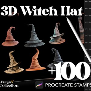 May include: A digital illustration of 100 Procreate stamps featuring 3D witch hats in various colors and styles. The text "3D Witch Hat +100 Procreate Stamps" is displayed on the image.