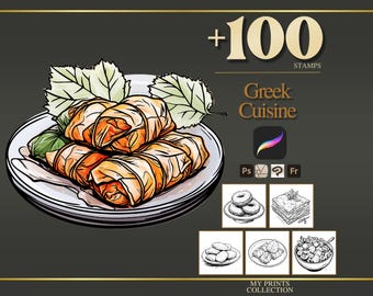Greek Cuisine Procreate Stamps & Photoshop Brushes – 100+ Food Beverage Coffee Tattoo, Illustration, Line Art, Stencil, Brush Pack