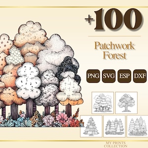 Könnte beinhalten: Eine Illustration eines Patchwork-Waldes mit verschiedenen Baumdesigns in Braun-, Orange-, Weiß- und Schwarztönen. Das Bild enthält den Text "+100 Patchwork Forest" und Dateityp-Symbole für PNG, SVG, ESP und DXX.