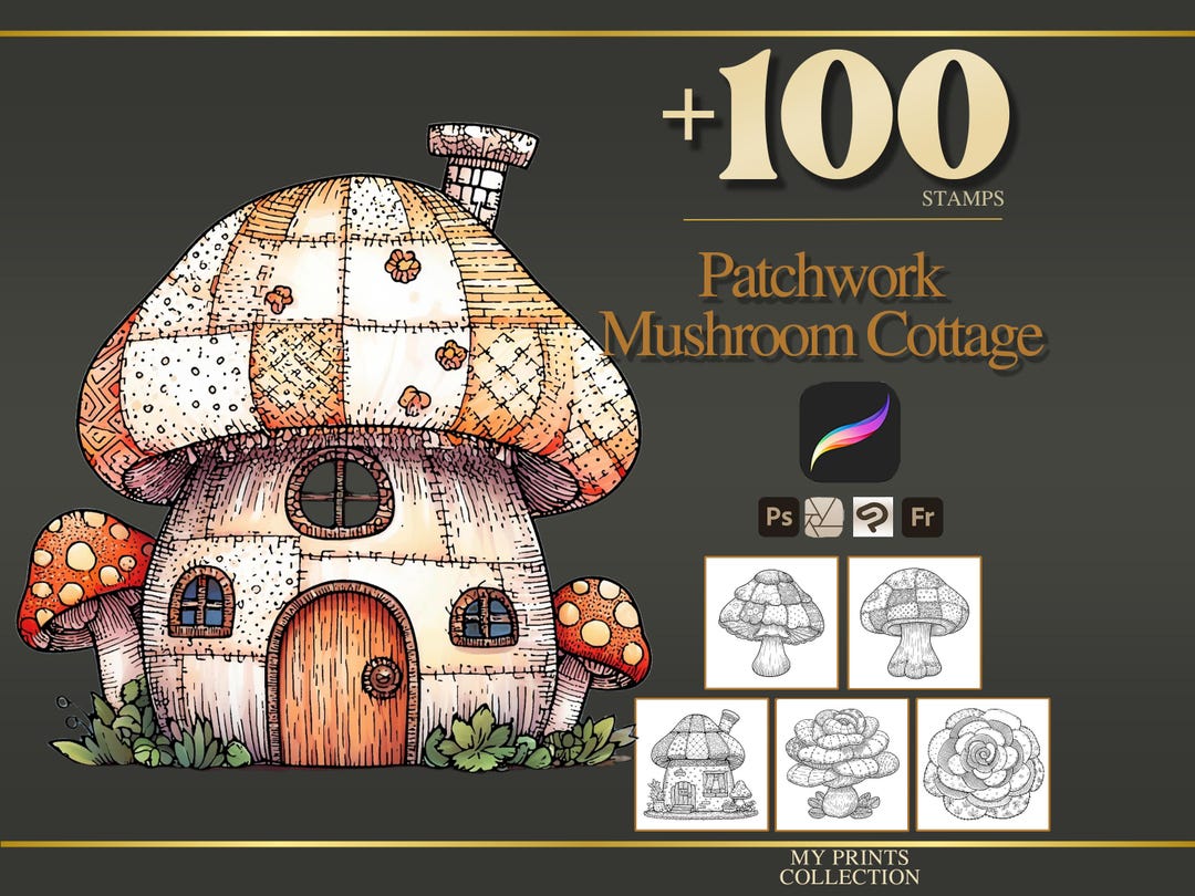 Mushroom Cottage Patchwork Procreate Stamps & Photoshop Brushes – 100 ...