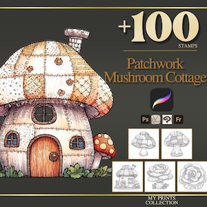 Könnte beinhalten: Eine skurrile Illustration eines Pilzhauses mit Patchwork-Design. Das Haus hat eine braune Tür, kleine Fenster und einen Schornstein. Das Bild enthält den Text "+100 STAMPS" und "Patchwork Mushroom Cottage."