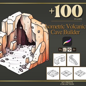 May include: Isometric illustration of a volcanic cave with a light brown and white color scheme. The image includes the text "+100 STAMPS" and "Isometric Volcanic Cave Builder". Additional icons and sample cave elements are also shown.