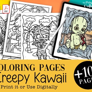 Más de 100 lindos y espeluznantes libros de páginas para colorear de Halloween Kawaii, PDF, descarga digital imprimible instantánea, para niños, Crayon Procreate Coloring