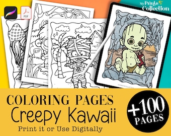 100 Cute Creepy Kawaii Halloween Coloring Pages Printable PDF + Procreate Digital Coloring File, Kids & Adults Coloring Book, Bonus Crayon P