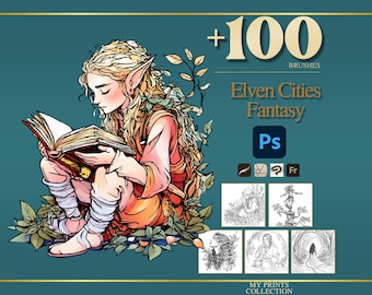 Elven Cities Warrior Realistische Photoshop-penselen en postzegels voortplanten – 100+ fantasiewezens, digitale kunst, clipart, zeer fijne tekeningen, stencil