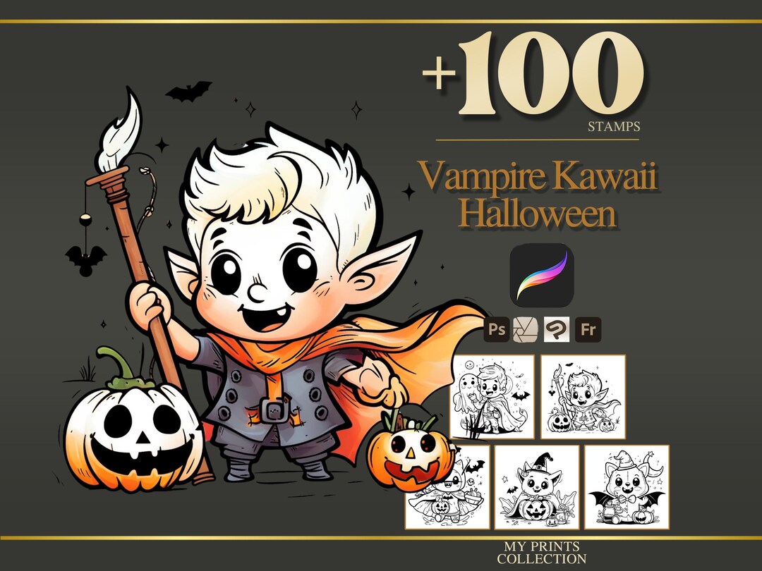 Vampire Kawaii Halloween Procreate Stamps & Photoshop Brushes – 100 ...