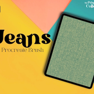 Pode incluir: Uma ilustração digital de uma textura de tecido jeans na tela de um tablet. O texto "Jeans Procreate Brush" é exibido em um fundo amarelo.