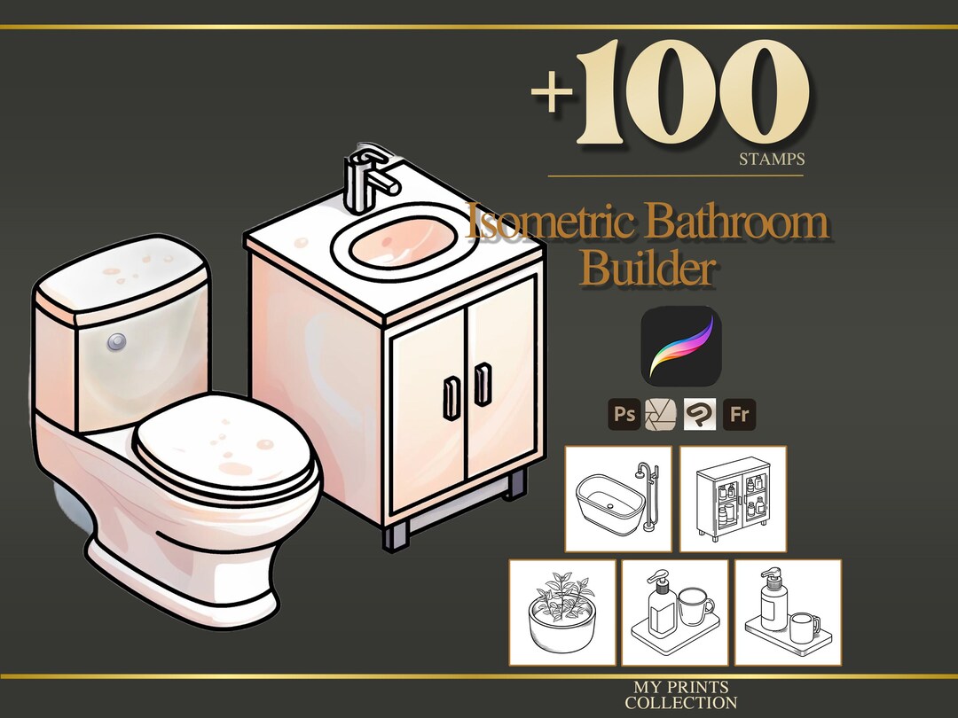 Isometric Bathroom Builder Procreate Stamps & Photoshop Brushes – 100 ...