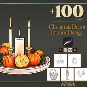 May include: A digital illustration of a centerpiece featuring three lit candles, orange pumpkins, and gold ornaments in a shallow bowl. The text reads +100 STAMPS Christmas Decor Interior Design. Includes icons for Procreate, Photoshop, and other software.