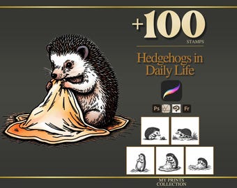 Hedgehogs in Daily Life Procreate Stamps, 100+ Woodland Animal Brush Set, Cottagecore Hand Drawn Cute Critter Digital Download