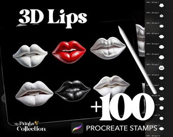 May include: A digital illustration of 3D lips in various colors and styles, including red, white, black, and nude. The image includes the text "3D Lips +100 Procreate Stamps".