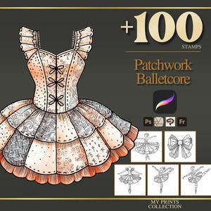 Pode incluir: Ilustração de um vestido de balletcore com um design de patchwork em tons de pêssego, branco e cinza. O vestido apresenta um corpete com babados e uma saia em camadas. Inclui o texto "+100 STAMPS" e "Patchwork Balletcore".