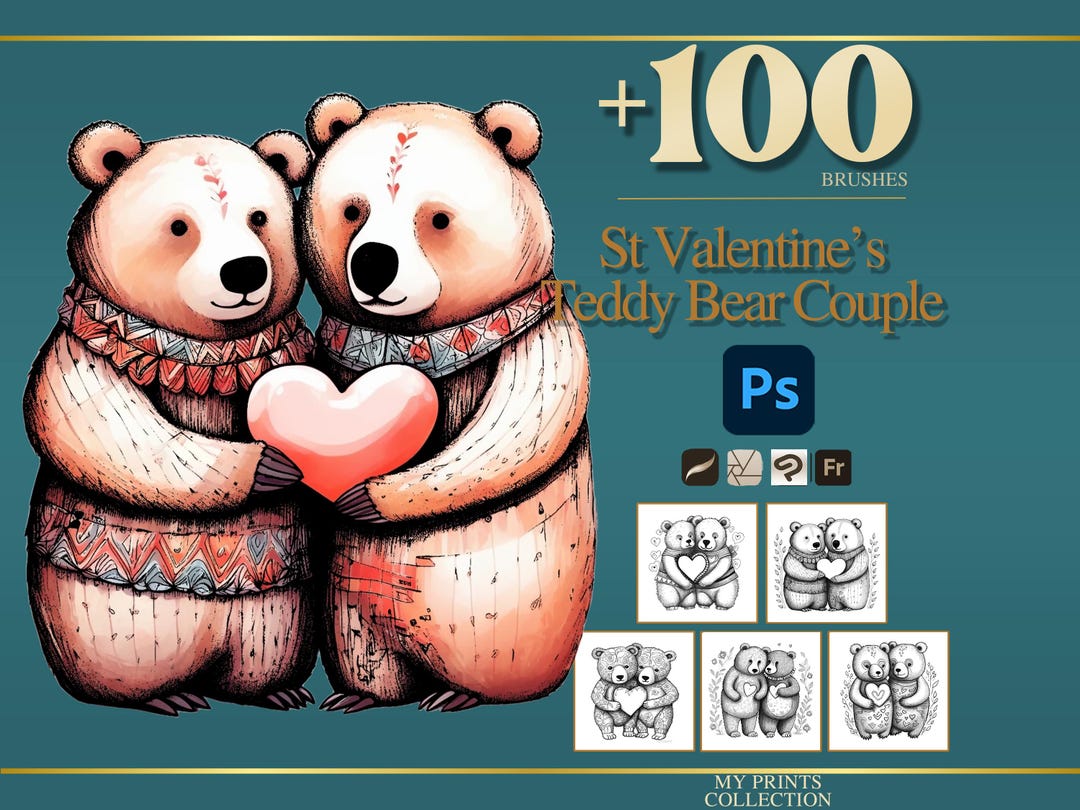 St Valentines Teddy Bear Couple Photoshop Brushes & Procreate Stamps ...
