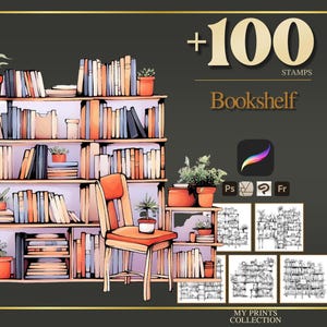 Bookshelf Procreate Stamps & Photoshop Brushes – 100+ Interior Room Design Tattoo, Illustration, Line Art, Stencil, Brush Pack