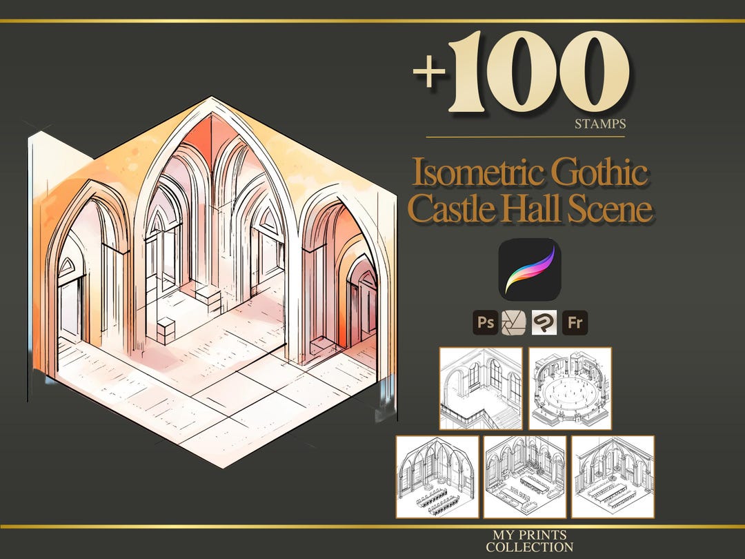 Isometric Gothic Castle Hall Scene Procreate Stamps & Photoshop Brushes ...