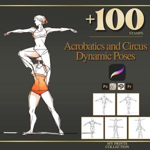May include: Digital art print featuring a sketch of two acrobats in dynamic poses, with the text "+100 STAMPS Acrobatics and Circus Dynamic Poses." The image includes a Procreate app icon and sample poses. The background is dark gray.