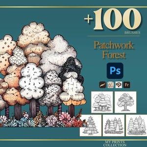 Könnte beinhalten: Eine Illustration eines Waldes mit verschiedenen Baumdesigns, mit dem Text "+100 BRUSHES" und "Patchwork Forest". Das Bild enthält ein Photoshop-Symbol und mehrere Beispielbaum-Illustrationen, alles vor einem teal-farbenen Hintergrund.