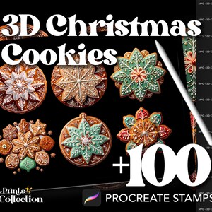 May include: A set of 100+ digital Procreate stamps featuring 3D Christmas cookies. The stamps include various designs with intricate details and festive colours, such as red, green, and white.