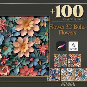 3D Boho Flowers Procreate Texture Brush & Photoshop PAT Pattern - 100+ Seamless Texture Brushset, Digital Texture Design Tool