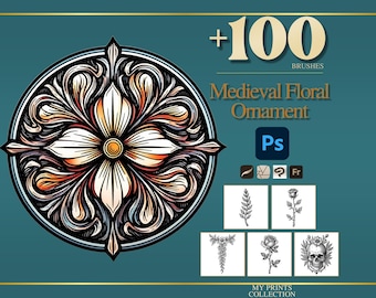 Floral Ornament Medieval Photoshop Brushes & Procreate Stamps – 100+ Woodcut Tattoo, Digital Art, Clipart, Line Art, Stencil