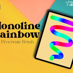 May include: A rainbow-colored line drawn on a digital tablet using the Monoline Rainbow Procreate Brush. The brush creates a smooth, continuous line with a gradient of colors.