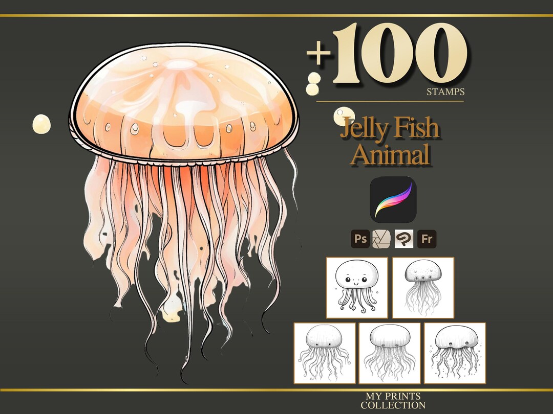 Jelly Fish Procreate Stamps & Photoshop Brushes – 100+ Realistic Animal ...