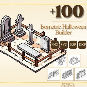 Pode incluir: Gráfico Isometric Halloween Builder com uma cena de cemitério. A cena inclui lápides, cruzes e um banco dentro de uma cerca de madeira. A imagem também inclui o texto "+100" e "Isometric Halloween Builder" com ícones de tipo de arquivo.
