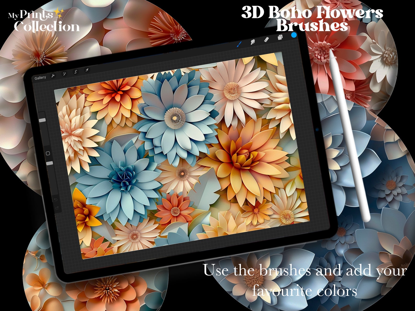 3D Boho Flower Procreate Brushes: Seamless Pattern Texture (digital ...