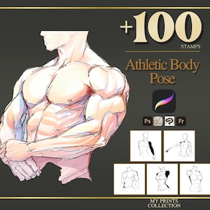 Op de afbeelding: Digitale kunstafdruk met een gespierde mannelijke figuur in een dynamische pose. De afbeelding bevat de tekst "+100 STAMPS Athletic Body Pose" en pictogrammen voor Procreate, Photoshop en andere software. Extra schetsen van lichaamshoudingen zijn ook inbegrepen.