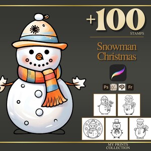 Snowman Christmas Procreate Stamps & Photoshop Brushes – 100+ Tattoo, Drawing, Digital Art, Clipart, Line Art, Brush Pack
