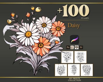 Daisy Procreate Stamps & Photoshop Brushes – 100+ Flower Botanical Nature Tattoo, Illustration, Line Art, Stencil, Brush Pack